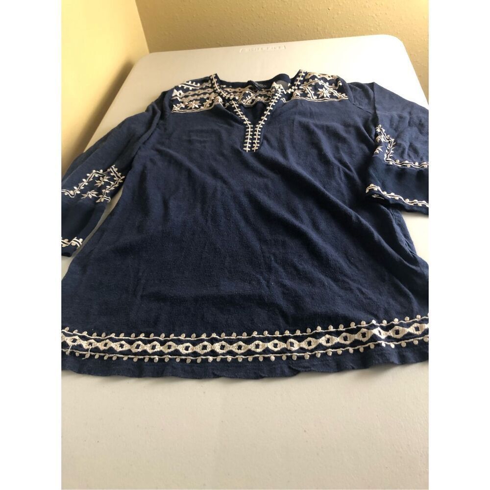 Lucky Brand Boho Embroidered Navy Tunic Top XS 3/4 Sleeve - Picture 10 of 13